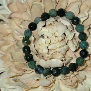 Faceted Moss Agate Natural Gemstone Stretch Bracelet 8 MM New Hand Crafted